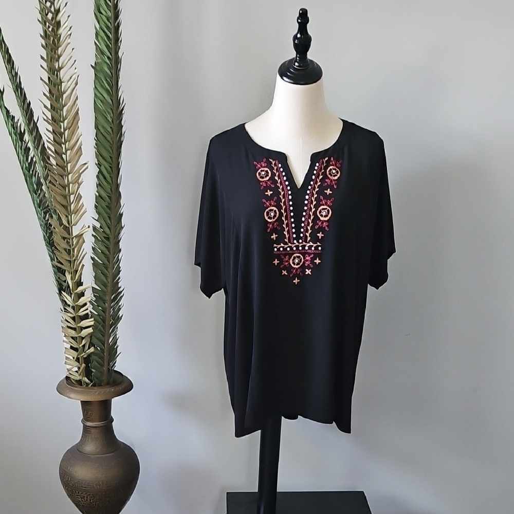 Cato Black Blouse with Pink Embroidery and Faux Pearl Accents